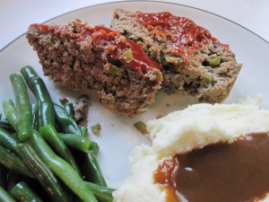 Meatloaf and mashed potatoes were made ahead.  Green beans were prepped and gravy was quick!